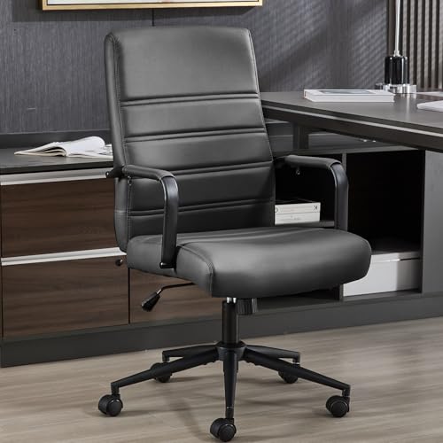 Office Desk Chair Leather, Conference Room Chairs with Wheels, Modern Executive Office Chairs Adjustable Height, Ergonomic Swivel Rolling Ribbed Computer Chair(Matte Black)