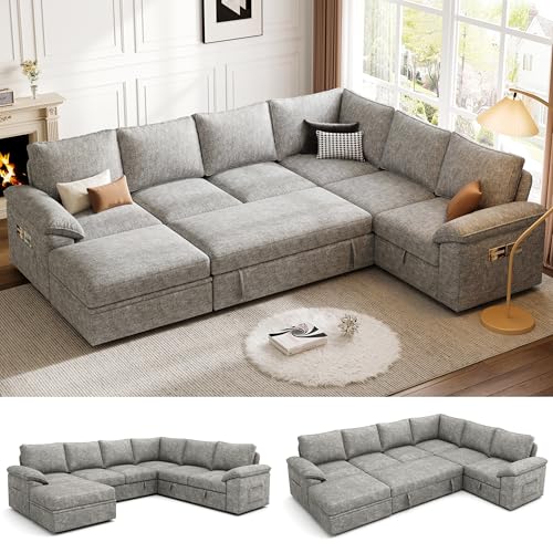 SUAWY 108 Inch Modular Sectional Sofa with Pull Out Bed,U Shaped 7 Seat Sectional Sleeper Sofa with Storage,Sectional Couches for Living Room,Cloud Modular Couch,Removable Sofa Cover,Light Gray