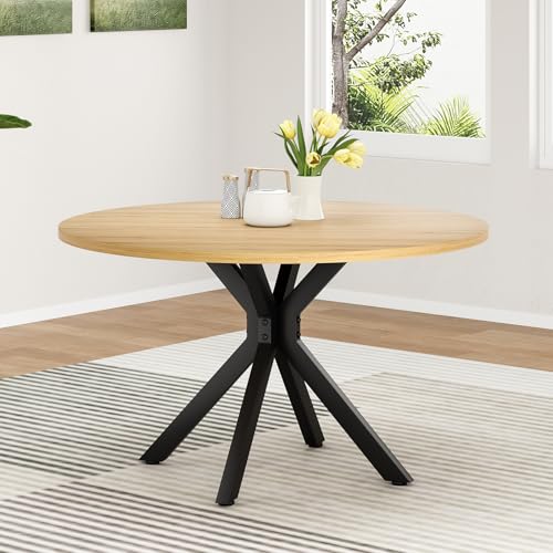 Farini 47" Solid Wood Round Dining Table, Kitchen Table with Sturdy Metal Base, Seats 4-6, for Dining Room and Kitchen,Natural Table Top and Black Leg