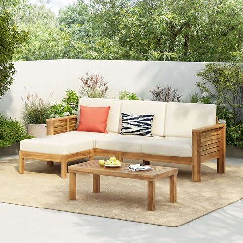 Merax 3 Piece Acacia Wood Patio Furniture Set, Outdoor Sectional Sofa Set with Coffee Table, 4 Seats Sofa Deep Seating with Soft Cushions for Garden, Backyard, Teak & Cream