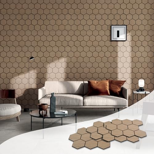 Kieacia 2 Pieces Acoustic Hexagon Wall Panels for Interior Decor, Natural Walnut Wood Veneer, Sonud Proof Wooden Slat Wainscoting Panels, 23.6 × 23.6 inch