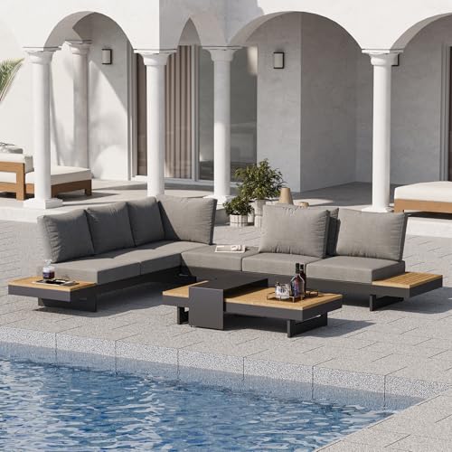homary Outdoor Conversation Sets, 6 Piece Aluminum & Teak Patio Sectional Sofa Set with Adjustable Backrests, Waterproof Cushions, Ideal for Patios & Balconies